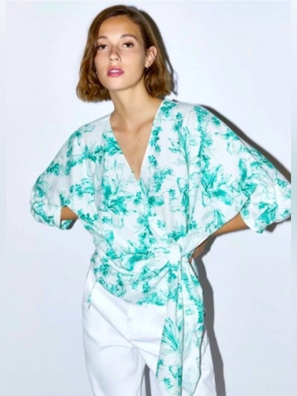 Zara Linen Blend Floral Kimono Wrap Top Oversized Green Off White Boho Size M